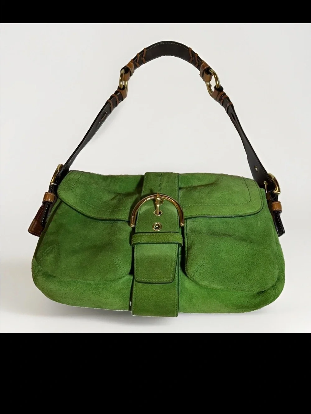 Coach Soho Flap Shoulder Bag, Green Split Suede, Brown Corset Laced Strap 2004
